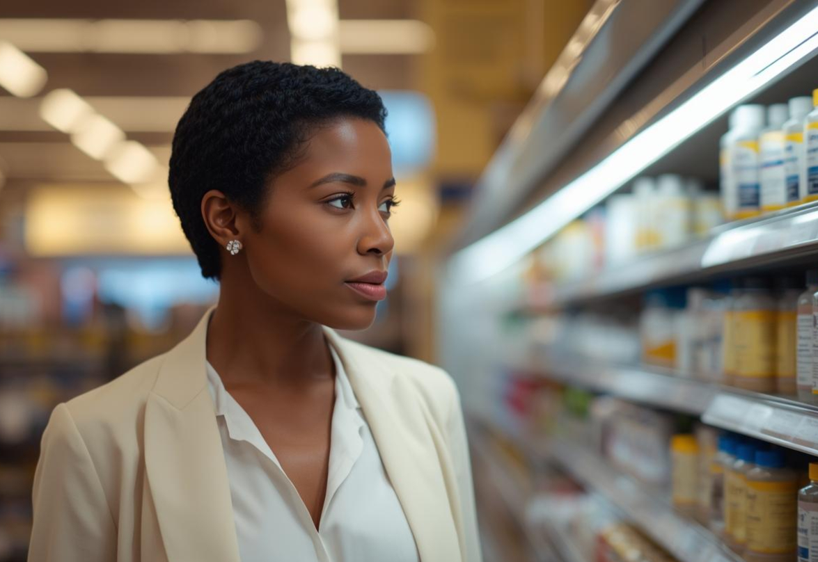 Sophisticated woman wearing a blouse and blazer in a shopping isle looking for allergy cream.
